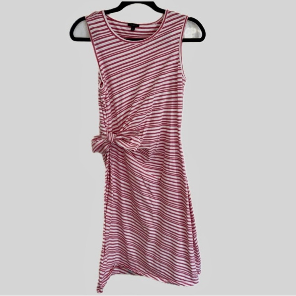 Talbots Dress Medium Pink Stripe Sleeveless Stretch Midi Bow Tie Front Waist